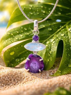 NEW! Moonstone, Amethyst & Geode Necklace